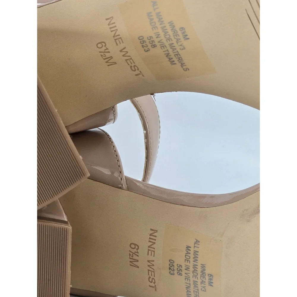 Nine West WNREALY3 Block Heel Sandals Womens 6.5M Nude Patent Ankle Strap -VG